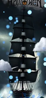 Halloween-themed ship sailing in stormy skies with clouds.