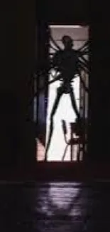 Dimly lit silhouette standing in a door, casting an eerie ambiance.