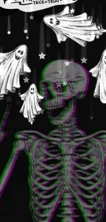 Neon skeleton with spooky ghosts on a black Halloween wallpaper.