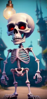 Cartoon skeleton standing in a spooky village with vibrant colors and whimsical design.