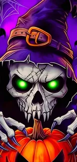 Spooky skeleton with glowing eyes in Halloween theme.