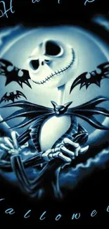 Grinning skeleton and bats in blue, spooky Halloween design.