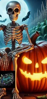 Skeleton with pumpkin under a full moon, perfect for Halloween vibes.