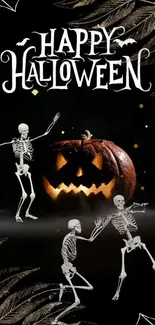 Spooky Halloween wallpaper with skeletons and jack-o'-lantern.