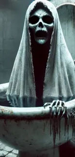 Skeleton with towel in bathtub