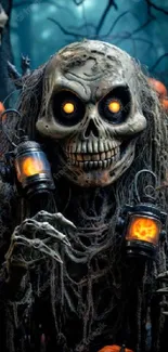 Spooky skeleton with glowing eyes holding lanterns surrounded by pumpkins.