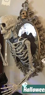 Skeleton emerging from ornate mirror, Halloween theme.