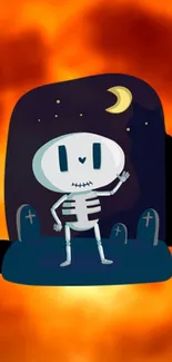 Cute cartoon skeleton in a fiery night scene with a crescent moon backdrop.