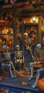 Skeletons on a porch with pumpkins and autumn leaves.