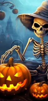 Skeleton with witch hat and pumpkins in a mystical Halloween setting.