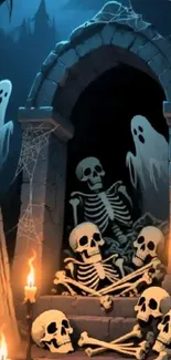 Dark blue wallpaper with skeletons and ghosts.