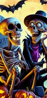 Halloween art with skeletons and bats under a full moon.