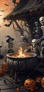 Spooky skeletons around a cauldron with pumpkins and bats under a full moon.