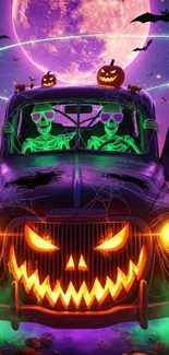 Neon skeletons driving a spooky Halloween car with pumpkins and bats.