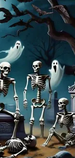 Spooky skeletons and ghosts in a graveyard under moonlight.