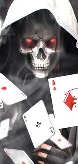 Gothic wallpaper with skull and playing cards in dark theme.