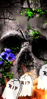 Spooky skull wallpaper with flowers and RIP signs, perfect for gothic themes.