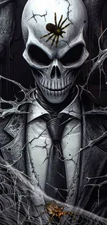 Eerie skull art with spider in dark suit and cobwebs.