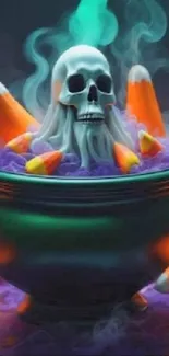 Skull emerging from cauldron with candy corn and smoke.