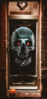 Eerie skull with red eyes on a decorated doorway for Halloween.