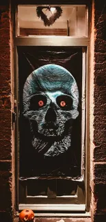 Spooky skull design on a dark door with glowing red eyes, perfect for Halloween.