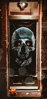 Spooky skull decoration on a door with Halloween ambiance.