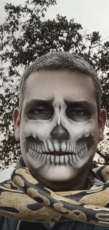 Skull face paint on person with outdoor background, spooky theme.