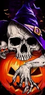 Halloween skull wallpaper with pumpkin and witch hat in dark theme.