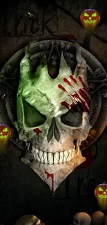 Eerie skull with glowing pumpkins on a Halloween-themed background.