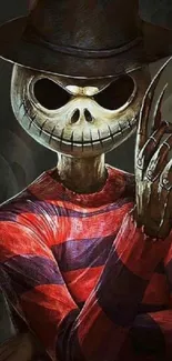 Skull character in hat and striped sweater, creepy style.