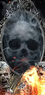 Haunting skull reflection in mirror with flames.