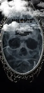 Halloween skull mirror with clouds creating a spooky effect.