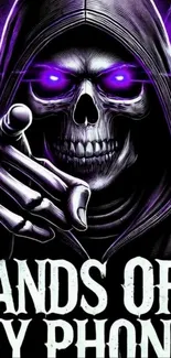 Hooded skull with glowing purple eyes, gothic phone wallpaper.