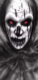 Eerie skull with red eyes on dark background.