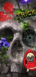 Skull wallpaper with cartoon pug, flowers, and 'trick or treat' text.