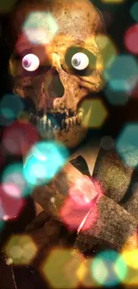 Mobile wallpaper with skull and colorful bokeh lights.