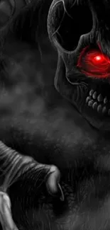 Dark wallpaper featuring a skull with red glowing eyes and eerie atmosphere.