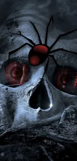 Spooky skull with red-eyed spider on dark background wallpaper.