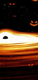 Halloween-themed space wallpaper with glowing pumpkins in vibrant orange.