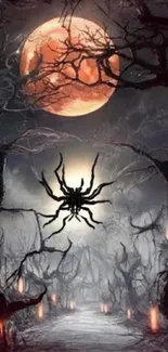 Spider silhouette under full moon in eerie forest setting.