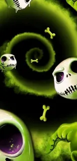 Green spiral wallpaper with skulls and bones for a spooky mobile background.