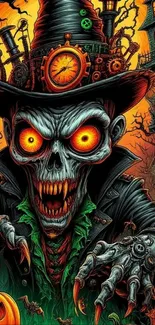 Steampunk skeleton with glowing eyes in Halloween setting.