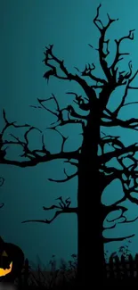 Spooky Halloween tree with jack-o'-lantern under a teal sky.