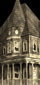 Spooky vintage house with broken windows against a black background.