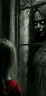 Gothic ghostly figure reflected in a window, eerie and haunting art.