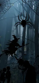 Silhouette of a witch flying in a dark, misty forest at night.