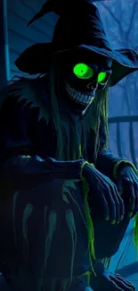 Eerie witch with glowing green eyes on a dark porch.