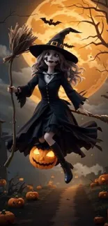 A whimsical witch flying in front of a full moon with pumpkin details for Halloween.