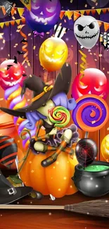 Vibrant Halloween witch with balloons and candy on a colorful backdrop.