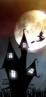 Haunted house silhouette with witch and full moon.